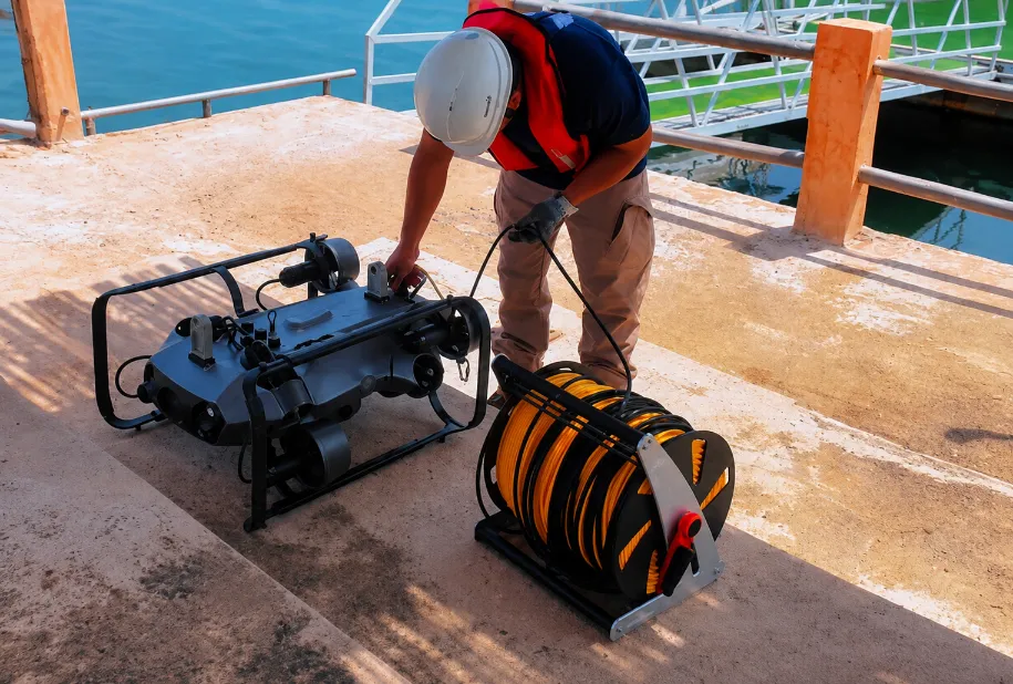 Frogmen Technologies team preparing an ROV for underwater inspection